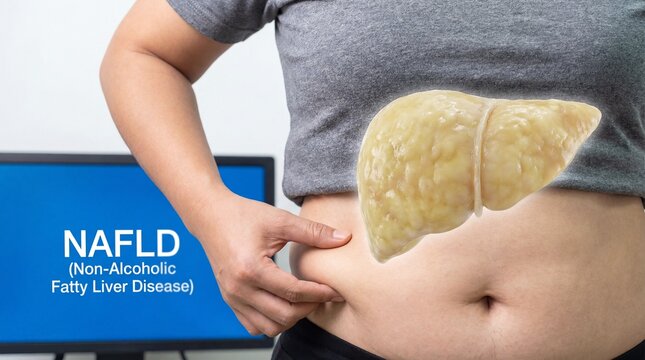 A person afflicted with Non-Alcoholic Fatty Liver Disease (NAFLD) indicating the liver's condition. The image has a close-up that shows how the liver may look.