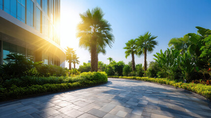 Obraz premium Lush Tropical Front Yard with Curved Walkway and Vibrant Garden Under Bright Sky