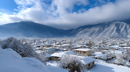 Snow-Covered Cityscape with Glistening Rooftops and Majestic Mountains Under a Clear Blue Sky