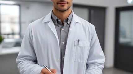 A confident medical professional in a white lab coat holds a pen and clipboard ready for tasks in a bright modern facility