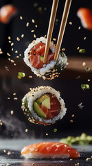 Fresh Sushi Rolls with Salmon and Avocado in Motion