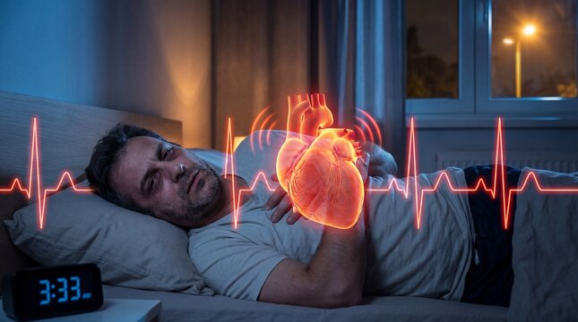 A man experiences heart palpitations and insomnia, with a visualization of the heart rhythm, capturing the essence of health issues.