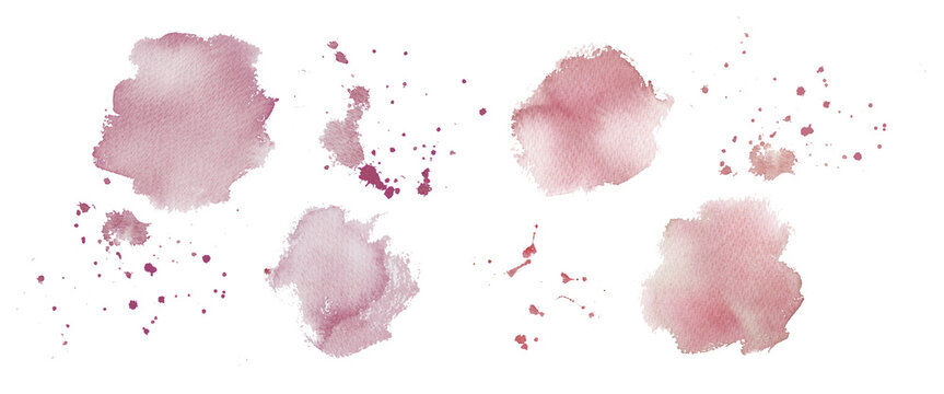 Watercolor pink red ink splashes and drops set on nuance background, abstract ink art elements for design-300dpi-	