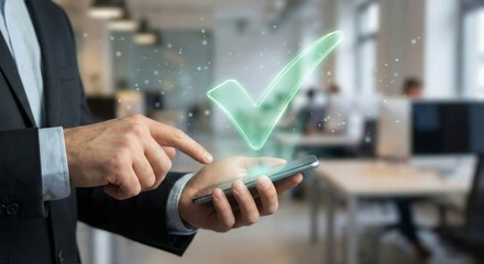 Person holding phone with digital checkmark hologram