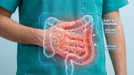 A detailed medical illustration depicts the intricacies of the human intestine, highlighting intestinal permeability and leaky gut syndrome, a medical professional in scrubs providing context.