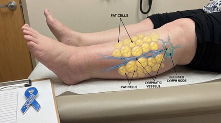 An illustrative medical image of a leg affected by edema, highlighting fat cells, lymphatic vessels, and a blocked lymph node.