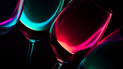 Neon-Glowing Wine Glasses Against Black Background