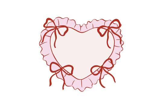 Pink heart shaped frame with ruffles and four red ribbon bows for Valentine Design