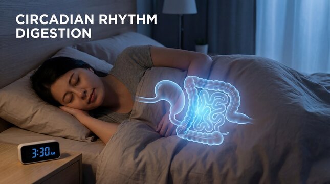 A peaceful slumber showcases the digestive system's circadian rhythm, beautifully visualized with neon outline, with an alarm clock nearby.