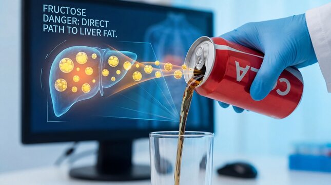A researcher pouring soda, next to a monitor showing fructose danger, in a research facility laboratory setting.