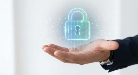 Businessman hand holding digital padlock with binary code
