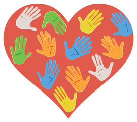 Obraz premium Colorful diverse handprints filling a vibrant red heart symbolizing unity love and community
