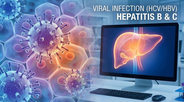 A visually compelling medical illustration which explains of hepatitis B and C and the viral infection. The screen shows the image of liver infection.