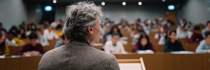 Mature caucasian male professor lecturing to diverse students in a university classroom