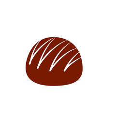 Obraz premium Simple illustration of a single chocolate truffle with white icing stripes on a white background.