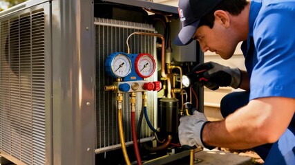 Technician inspecting a residential air conditioner unit for efficiency and leaks ensuring optimal home comfort and energy savings during routine maintenance
