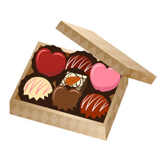 An open box of assorted chocolates with heart-shaped candies, perfect for Valentine's Day or a sweet gift.