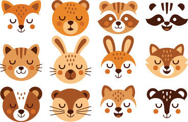 Fototapeta premium Cute Wild Animal Face Icon Set Smiling Forest Creatures