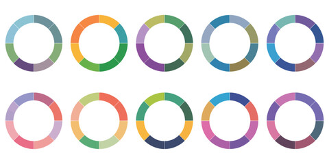 Pie charts diagrams with colorful donut and circle infographic elements, clean vector illustration for data visualization design.
