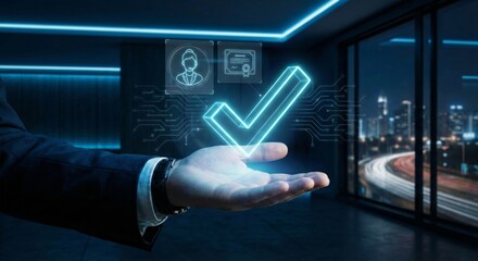 Hologram checkmark in hand business concept