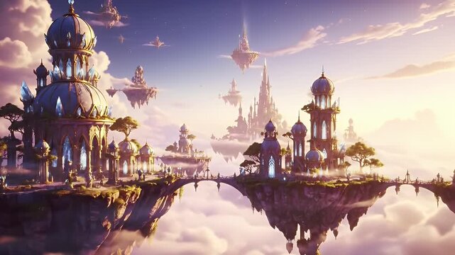 A Dreamlike Floating Sky City with Turreted Castles and Reflective Water Below