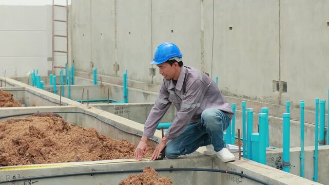 Yellow tape measure construction tools deviation. Tools equipment building and engineering. Civil engineer japanese Asian man in safety hard hat helmet inspect working at construction site