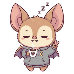 Fototapeta premium A sleepy, cute cartoon Bat full body with a coffee cup, making a peace sign.
