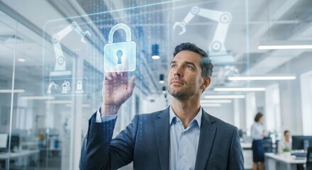 Executive interacts with augmented reality padlock interface