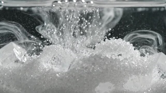 Dissolving Crystals: Abstract Close-Up of Submerging White Granules in Water