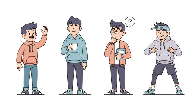 Set of Four Cartoon Characters with Different Personalities in Flat Vector Style