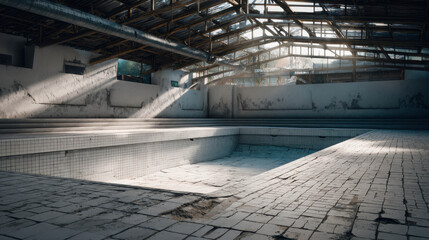 Abandoned Old Swimming Pool with Cracked Tiles and Sunlight Streaming Through Broken Windows in a Neglected Building