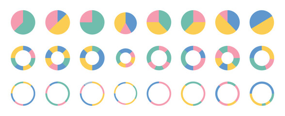 Pie charts diagrams with different color circles isolated, round infographic elements, clean vector illustration in eps 10 format.