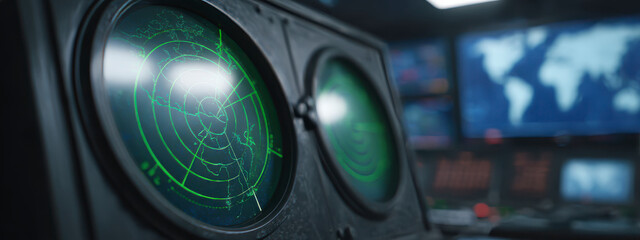 A control panel featuring two radar screens displays information to viewers.