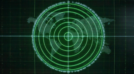 Green glowing radar screen showing world map location with grid lines.