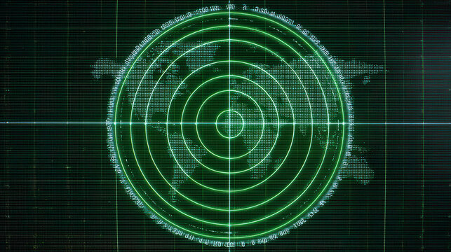 Green glowing radar screen showing world map location with grid lines.