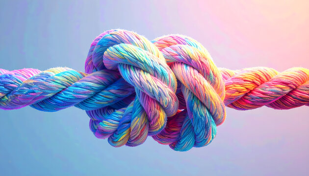 Colorful multicolored rope knot close up, symbol of diversity and complexity