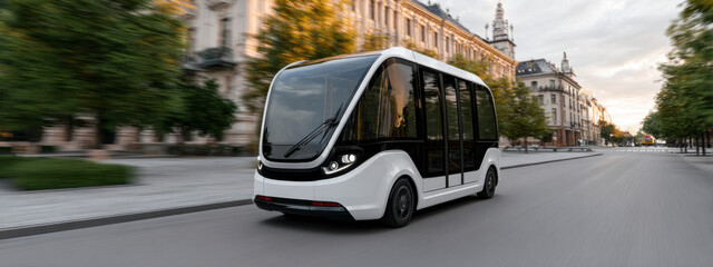 Sleek automated vehicle drives through the city streets in the late evening.