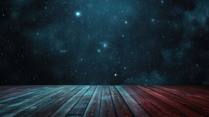 A wooden floor with a dark blue and red starry sky background. The floor has a rustic, wooden texture with a red and blue color scheme.