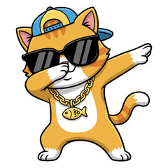 A cute cartoon cat doing a dabbing dance, wearing sunglasses, a hat, and a gold necklace.