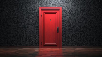 A red door with a black and white patterned wallpaper in a dark room with wooden floors.