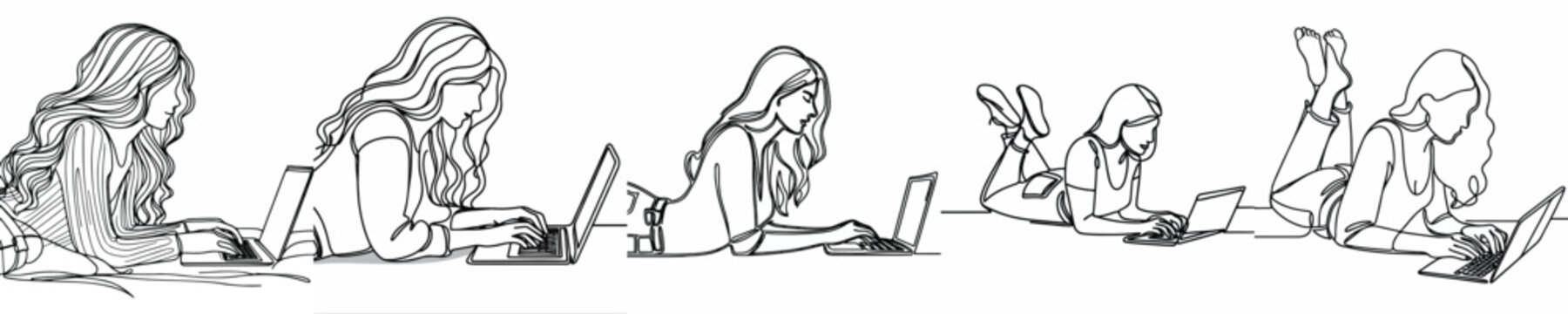 line art of a woman lying on the floor with a laptop