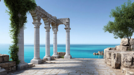 Fototapeta premium Ruins of a Temple Overlooking Turquoise Ocean Waters with Cracked Stones and Lush Greenery Beside a Scenic Seaside View