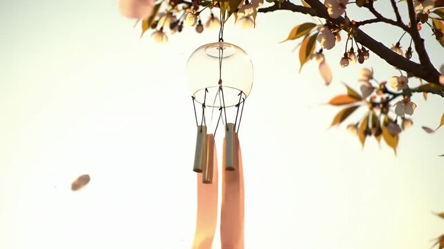 A sunlit outdoor dreamcatcher hanging aloft among leaves and delicate strings in a warm backlit scene