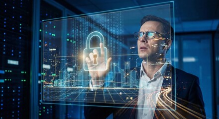 Man interacting with holographic security interface