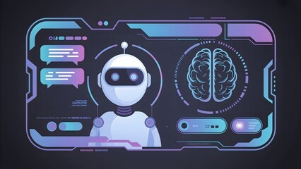 Illustration of a futuristic Ai Chatbot Interface with a robotic head and brain graphic on a sleek, high-tech panel with neon purple and blue accents against a dark background.