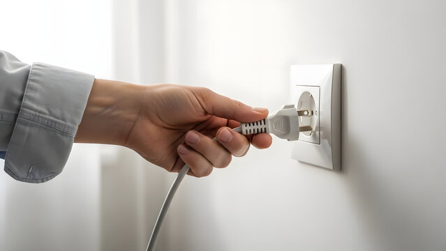 Hand with a plug being inserted into an electric socket
