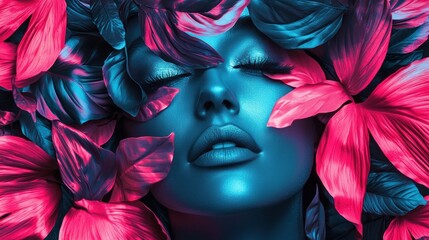 A woman with closed eyes surrounded by vibrant pink and blue leaves. The image has a surreal, artistic style with a focus on the contrast between the woman