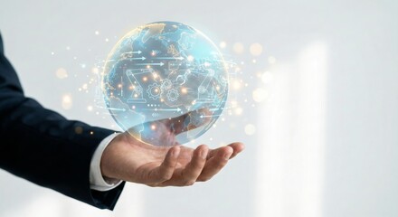 Businessman hand holding holographic globe with robot arm data