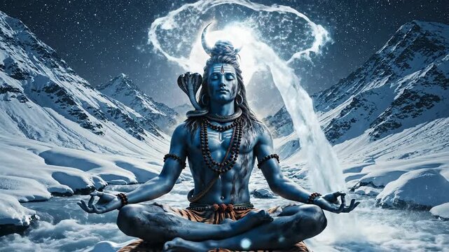 Lord Shiva Meditating in Snowy Himalayas Majestic Spiritual Scene