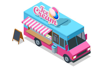 Ice cream food truck. Isometric illustration of an ice cream food truck with service window and signboard, colorful dessert vehicle for street sales, summer sweet food concept.